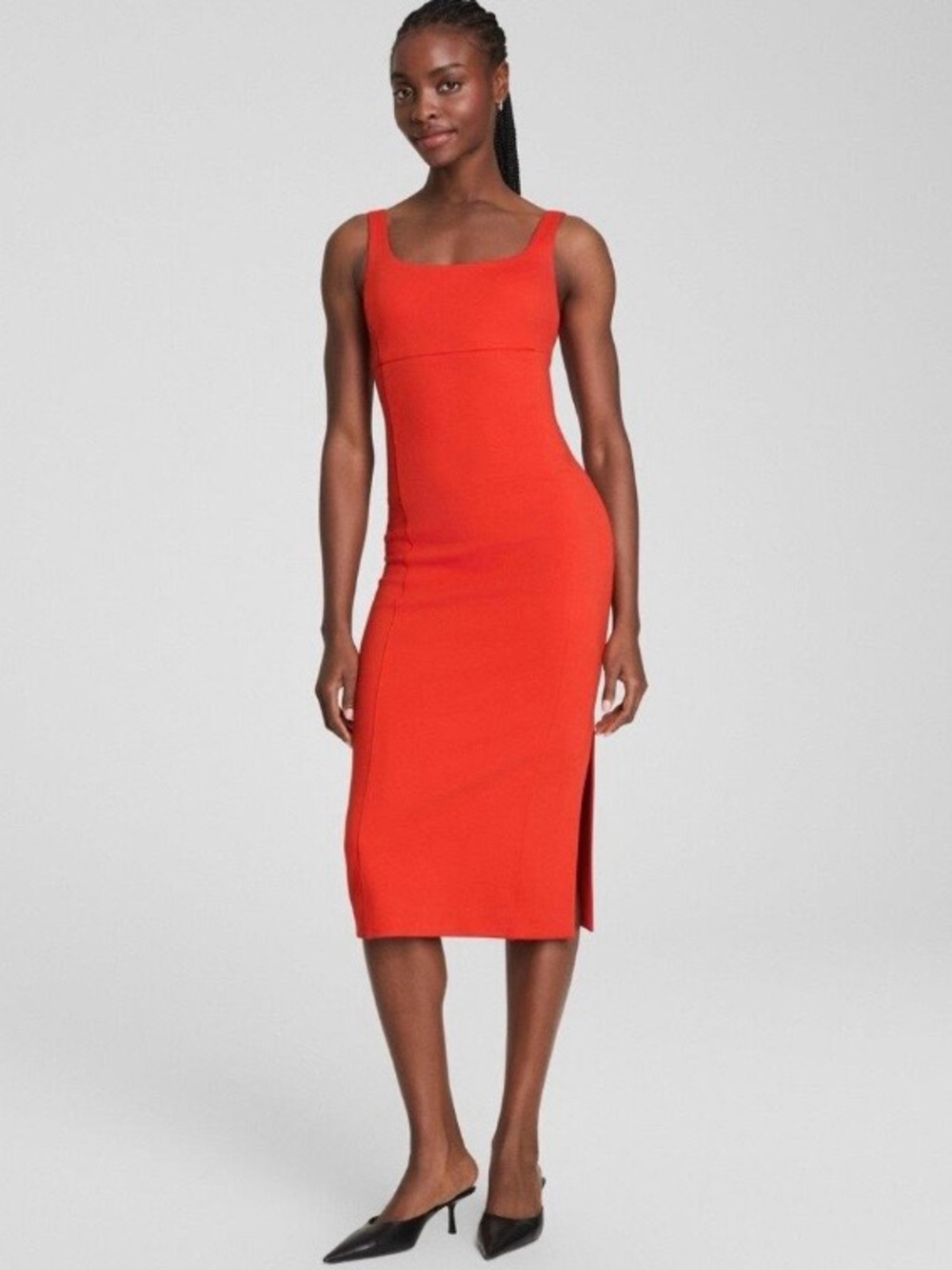 Spanx Ponte shaping slimming orange midi tank dress fall October party holiday